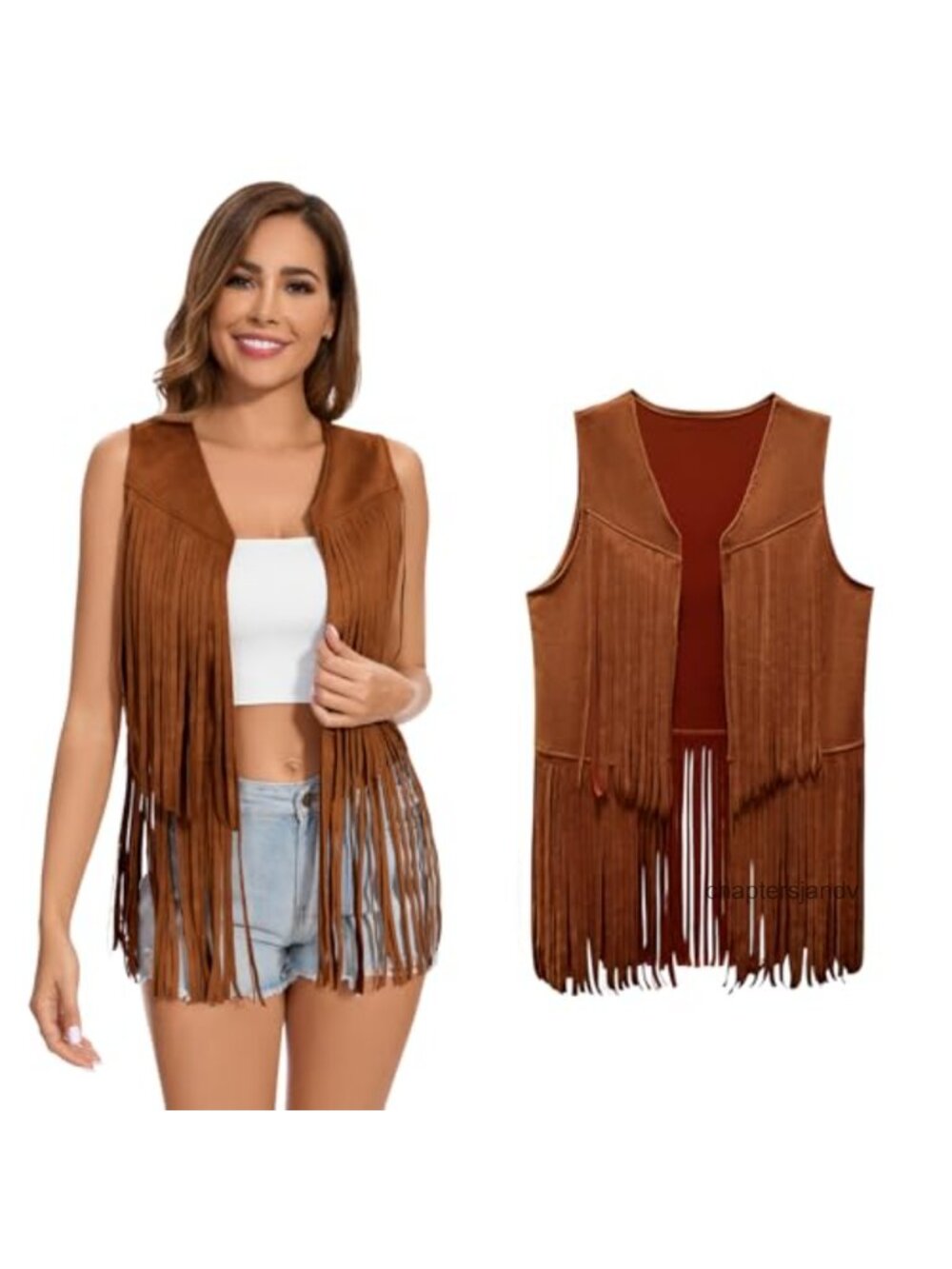 Faux Leather Fringe Vest 60s 70s Hippie Cowgirl Western Sleeveless